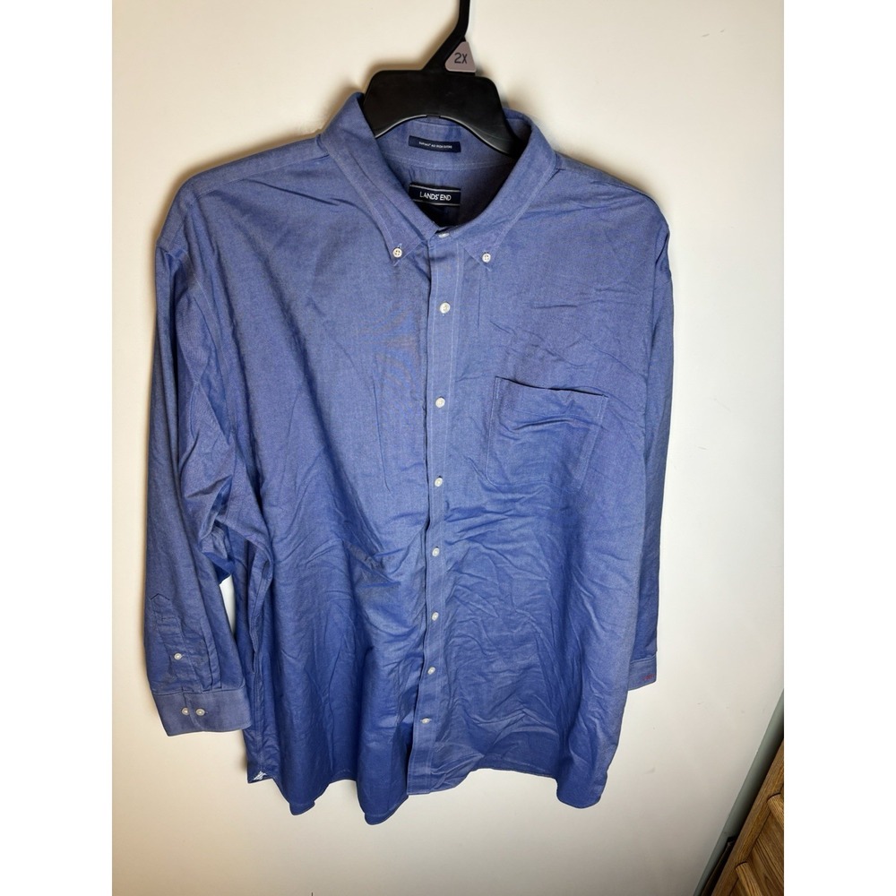 Lands End Mens Dress Shirt 19 Tall Blue Supima Oxford No Iron Career Office Work